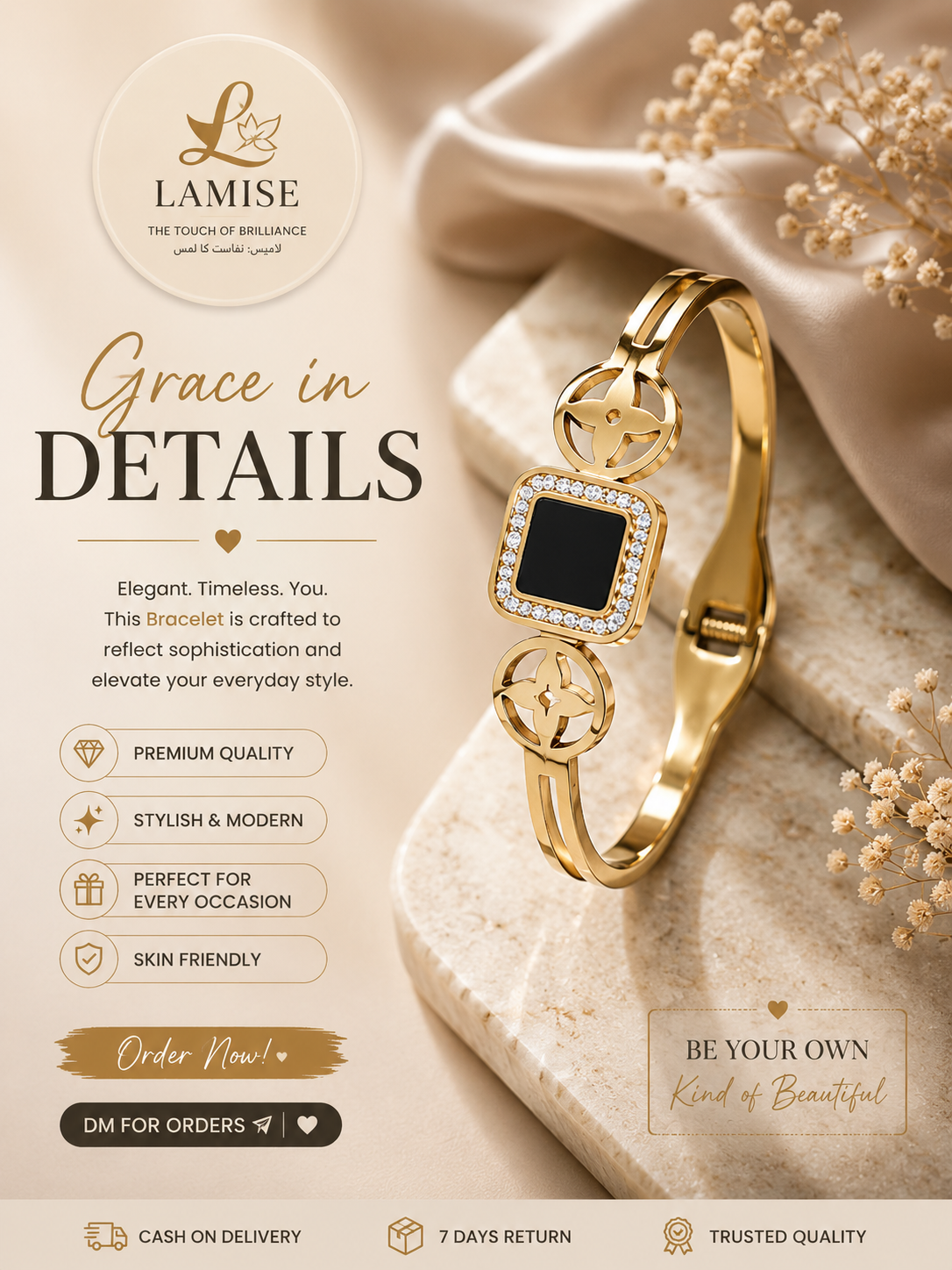 Elegance Square Black Bracelet | Noir Square Sparkle Gold Motif Bracelet