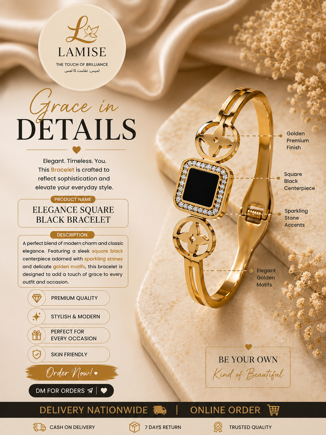 Elegance Square Black Bracelet | Noir Square Sparkle Gold Motif Bracelet